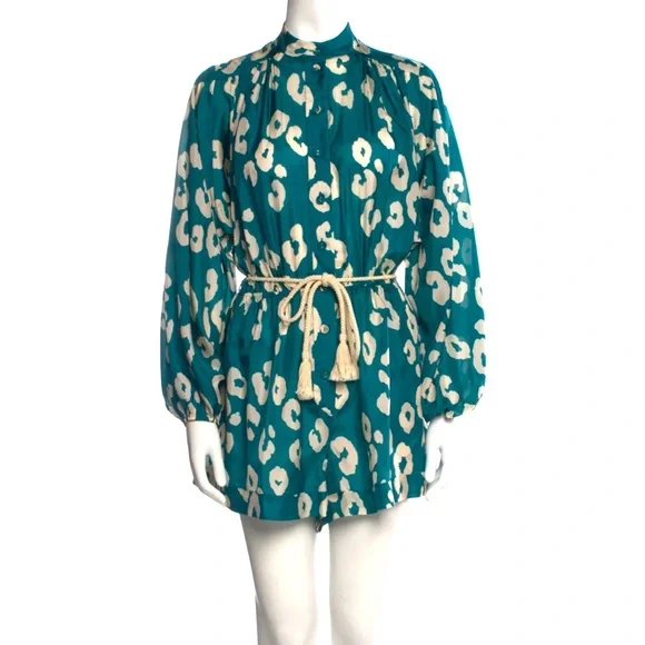 Zimmermann Silk Teal Long Sleeve Animal Leopard Gold Print Romper S / 4